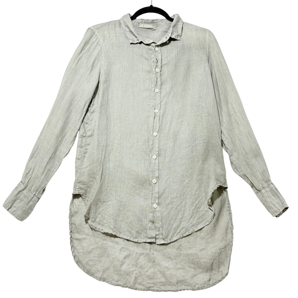 CP Shades Womens XS 100% Linen Button Down Shirt Sage Green High Low Tunic USA‎
